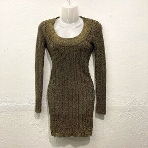 Nasty Gal Bodycon Mini Knit Dress Long Sleeves Green Y2K Shimmer Metallic XS